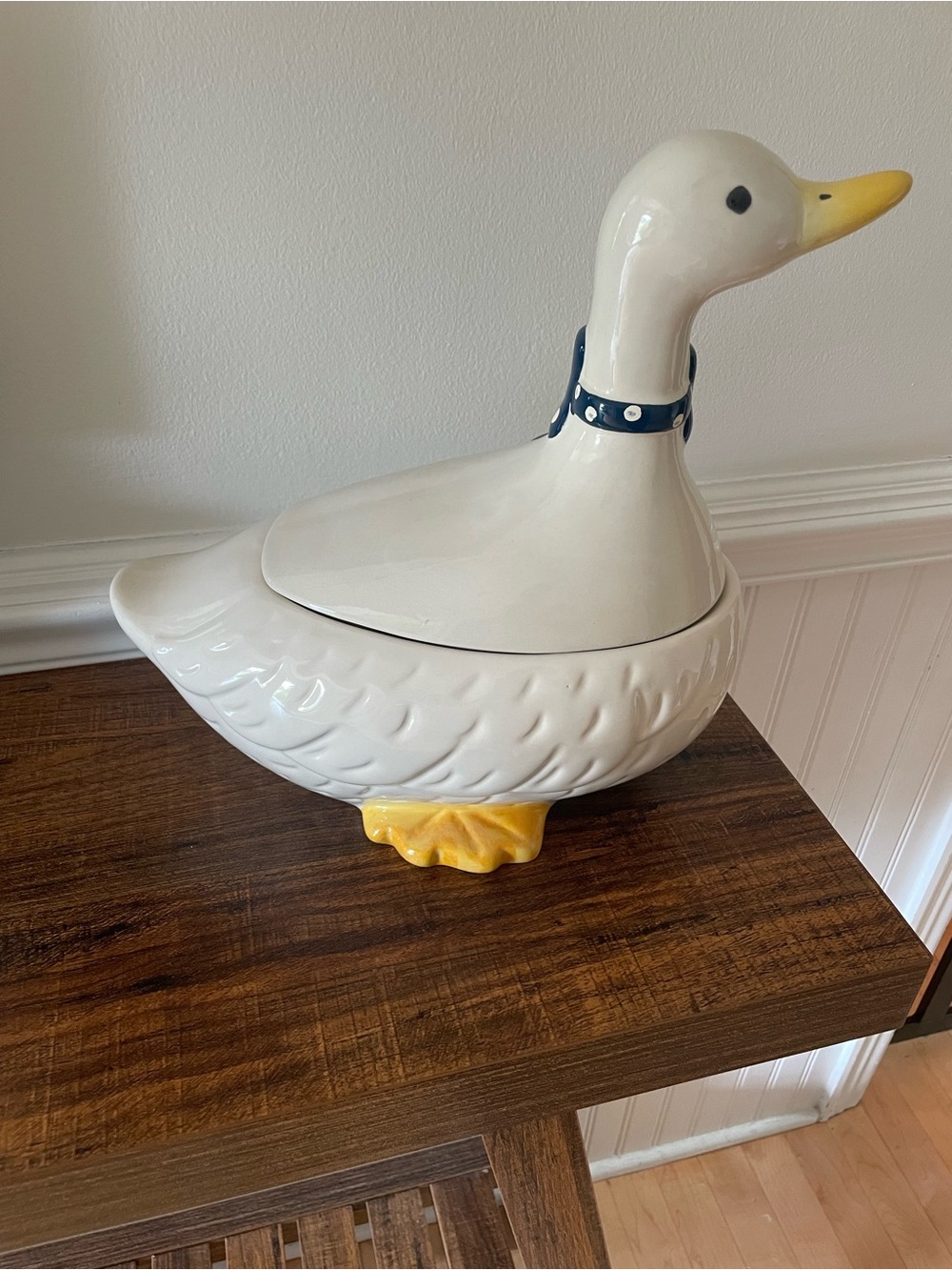 1990’s Ceramic Duck Cookie Jar with Navy Polka Dot Bow - Picture 3 of 6